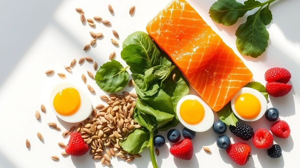 Flat lay of healthy foods supporting hair growth: fresh salmon, spinach, eggs, pumpkin seeds, and berries arranged artfully on a white surface. Natural sunlight creates gentle shadows. No text, labels, or packaging visible. Photorealistic, appetizing presentation emphasizing nutritional abundance.
