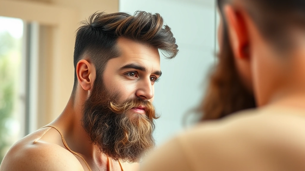A confident man with a well-groomed, full beard looking in mirror, natural bathroom lighting, focused and satisfied expression, emphasizing beard density and health