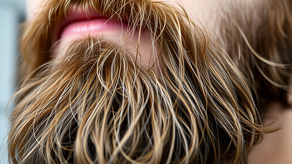Close-up of healthy beard hair texture showing thickness and shine, with subtle background suggesting skincare routine, professional grooming environment