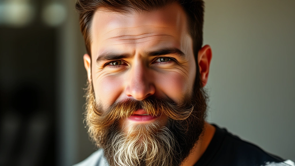 A confident man with a well-groomed, full beard looking directly at camera with natural sunlight illuminating his face, showing healthy skin and thick facial hair growth, professional portrait style, realistic photography