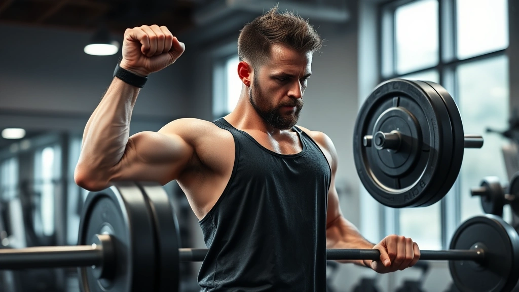 A man in gym clothes performing a deadlift with intense focus, showing strength training in progress, well-lit gym environment, sweat visible, demonstrating exercise commitment for health optimization