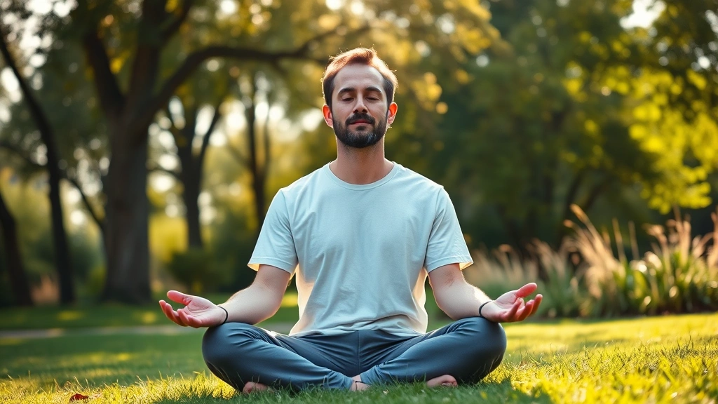 A serene man meditating outdoors in morning sunlight near trees and grass, peaceful expression, hands in lap, sitting cross-legged, natural lighting showing stress-free state and wellness practice