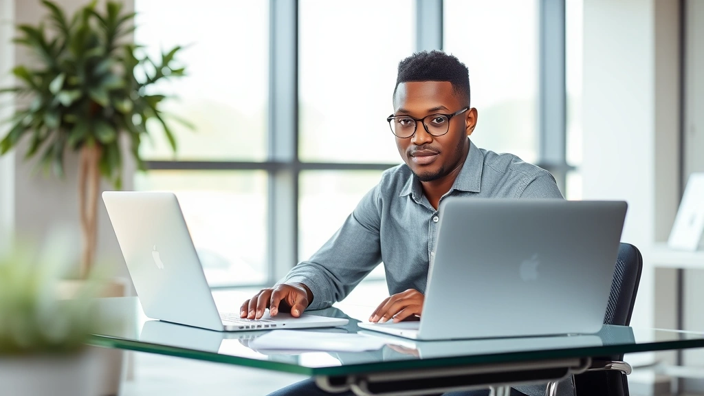 Young Nigerian professional working at modern desk with laptop, focused expression, bright natural lighting, contemporary office environment, representing productivity and professional growth in Nigeria