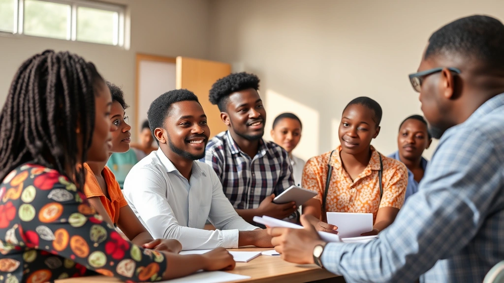 Diverse group of Nigerian students in classroom or training center, engaged in learning with instructor, modern educational setting, natural sunlight, symbolizing human capital development and skill enhancement