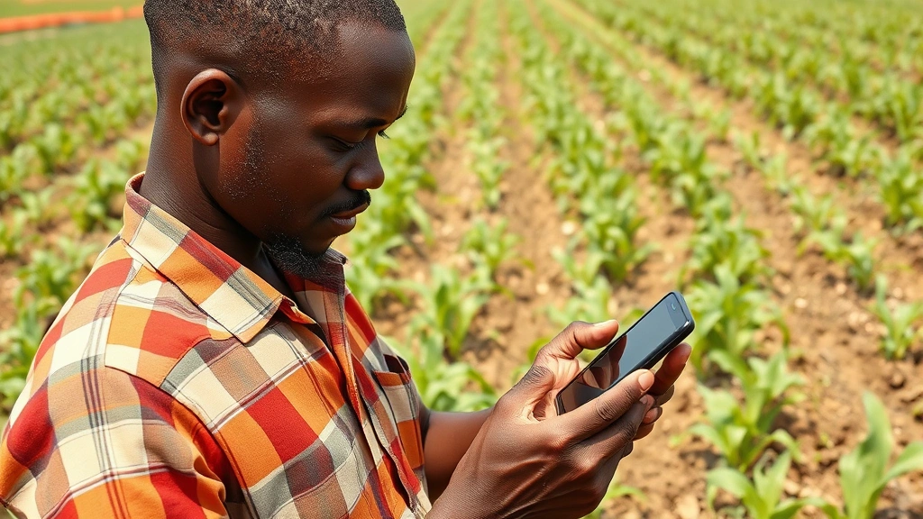 Nigerian farmer using smartphone or digital device in agricultural field, modern farming technology, crops visible, natural outdoor setting, representing agricultural modernization and technology adoption