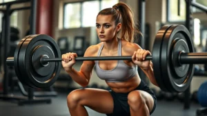 Athletic woman performing a heavy barbell squat with perfect form in a gym, muscles engaged, determined expression, natural lighting, photorealistic