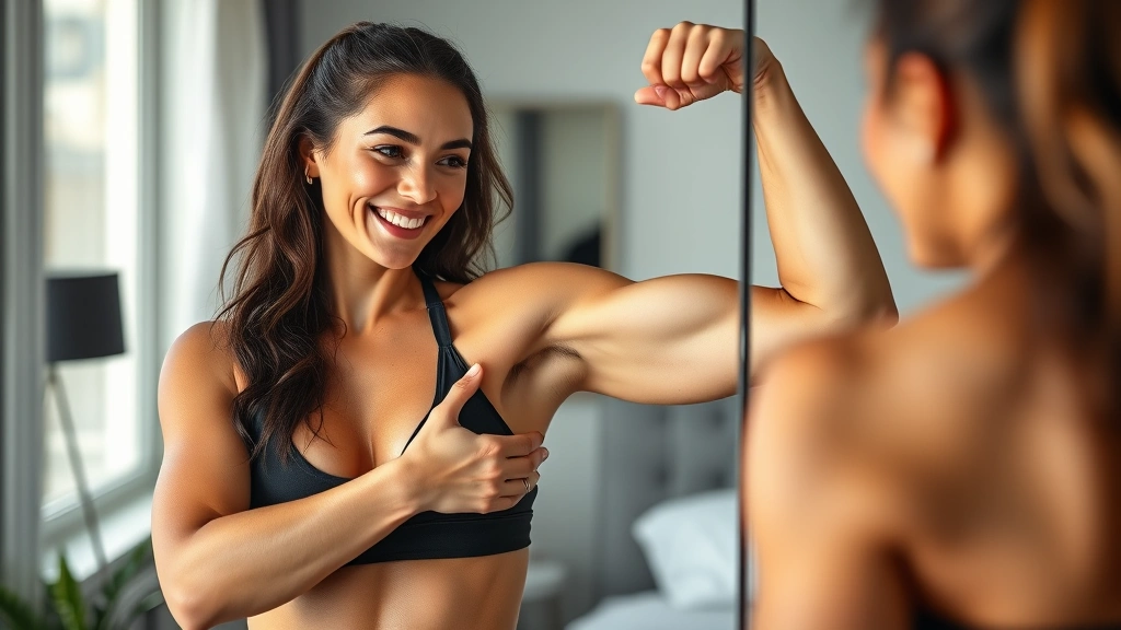 Female athlete measuring her bicep in a mirror showing muscle definition and progress, smiling with confidence, well-lit modern bedroom, photorealistic