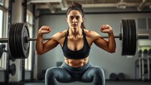 Athletic woman performing a barbell squat with perfect form in a modern gym, muscles engaged, focused expression, natural lighting, no text or logos visible