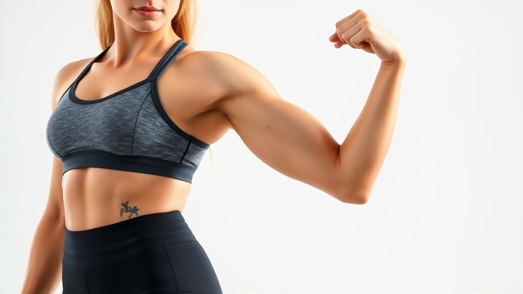Woman flexing bicep showing lean muscle definition, standing confidently in athletic wear, bright studio lighting, showcasing arm muscle development, no visible text