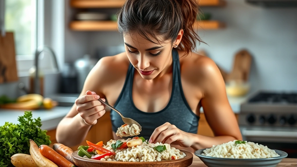 Female athlete eating a protein-rich meal with chicken, vegetables, and rice, focused on nutrition, natural kitchen setting, healthy food preparation, no recipe cards or text visible