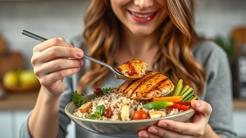 Woman eating a balanced meal with grilled chicken, brown rice, and vegetables, natural kitchen setting, healthy food presentation, photorealistic