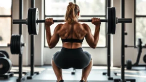 Athletic woman performing barbell back squat with perfect form in modern gym, intense focus, natural lighting, sweat visible, muscular definition visible