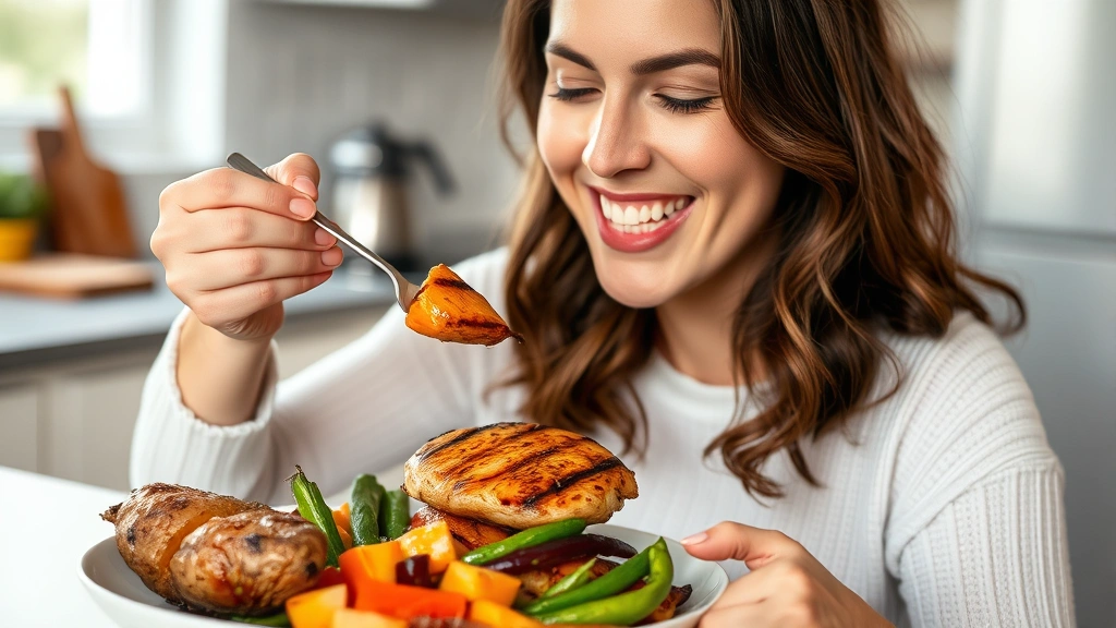 Woman eating high-protein meal with grilled chicken, sweet potato, and vegetables, healthy nutrition, kitchen setting, natural daylight, satisfied expression