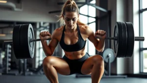 Athletic woman performing heavy barbell squat in modern gym, focused expression, muscular legs and core engaged, natural lighting, strength and determination visible