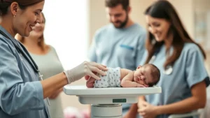A caring healthcare provider gently measuring a premature infant's length on a specialized neonatal scale, soft clinical lighting, parents observing supportively in background, demonstrating professional growth assessment