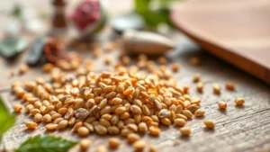 Closeup of vibrant fenugreek seeds scattered on natural wooden surface with soft morning light, photorealistic botanical styling, personal wellness theme