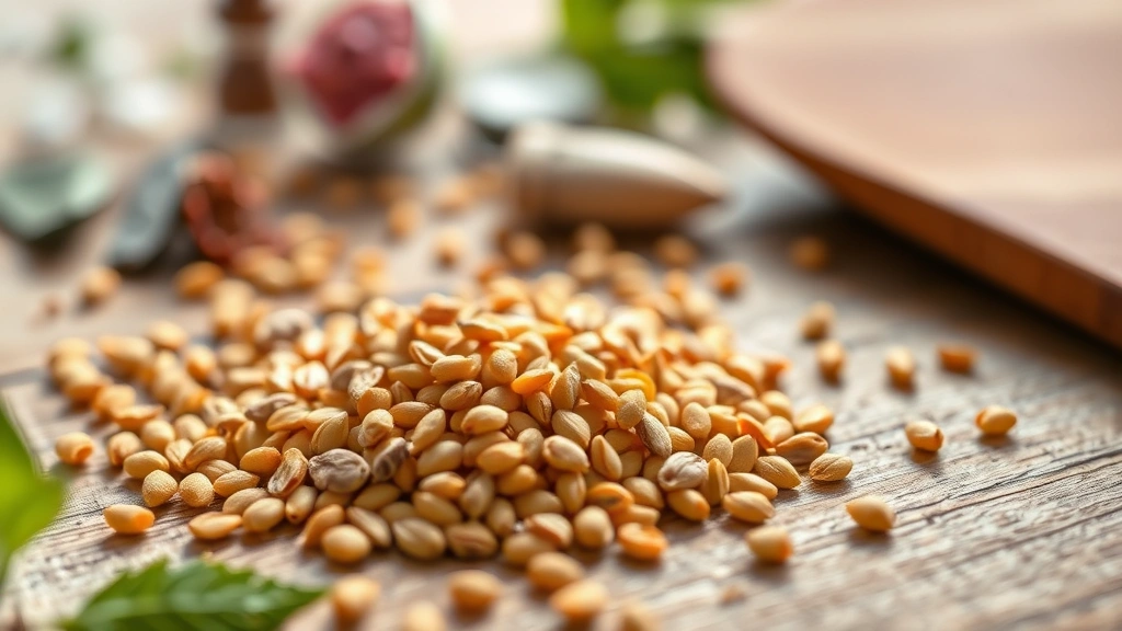 Closeup of vibrant fenugreek seeds scattered on natural wooden surface with soft morning light, photorealistic botanical styling, personal wellness theme