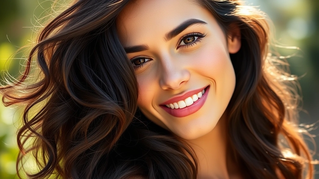 Woman with thick, healthy, shiny dark hair in natural sunlight, showing texture and volume, confident and radiant appearance, wellness-focused imagery