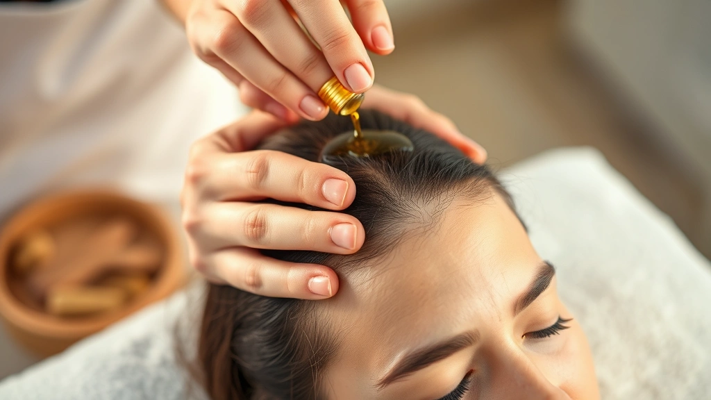Serene scalp massage scene with hands applying oil to healthy scalp, warm lighting, peaceful expression, self-care and personal growth moment captured naturally