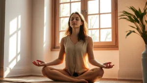 Woman meditating peacefully in morning sunlight by window, serene expression, calm indoor setting, mindfulness practice, natural lighting, photorealistic