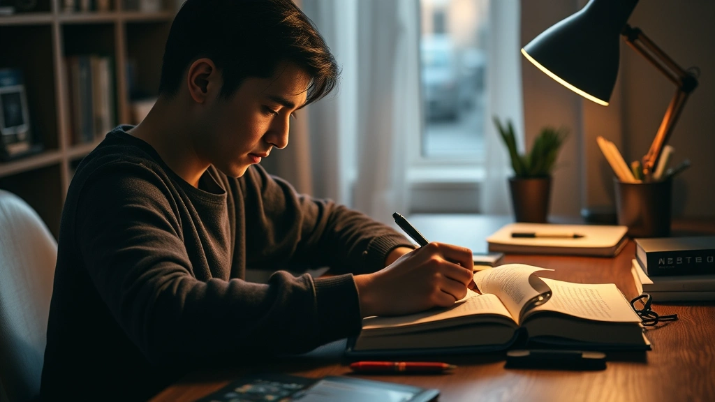 Individual writing in journal at desk with warm lighting, focused expression, reflective moment, personal growth work, peaceful workspace, photorealistic