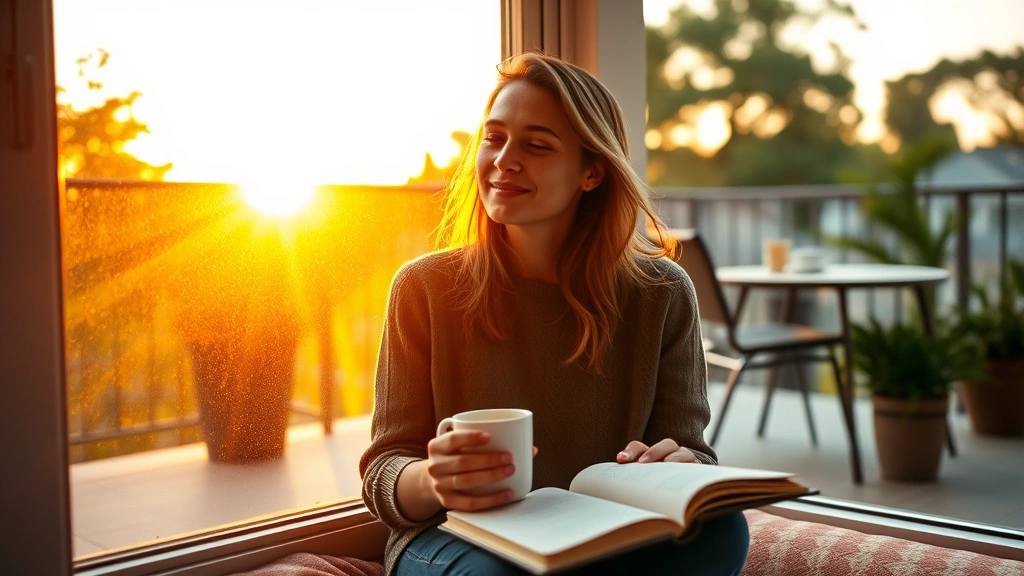 Person sitting at sunrise with coffee, peaceful expression, natural light streaming through window, notebook open on lap, warm golden hour lighting, outdoor terrace setting, calm contemplative mood