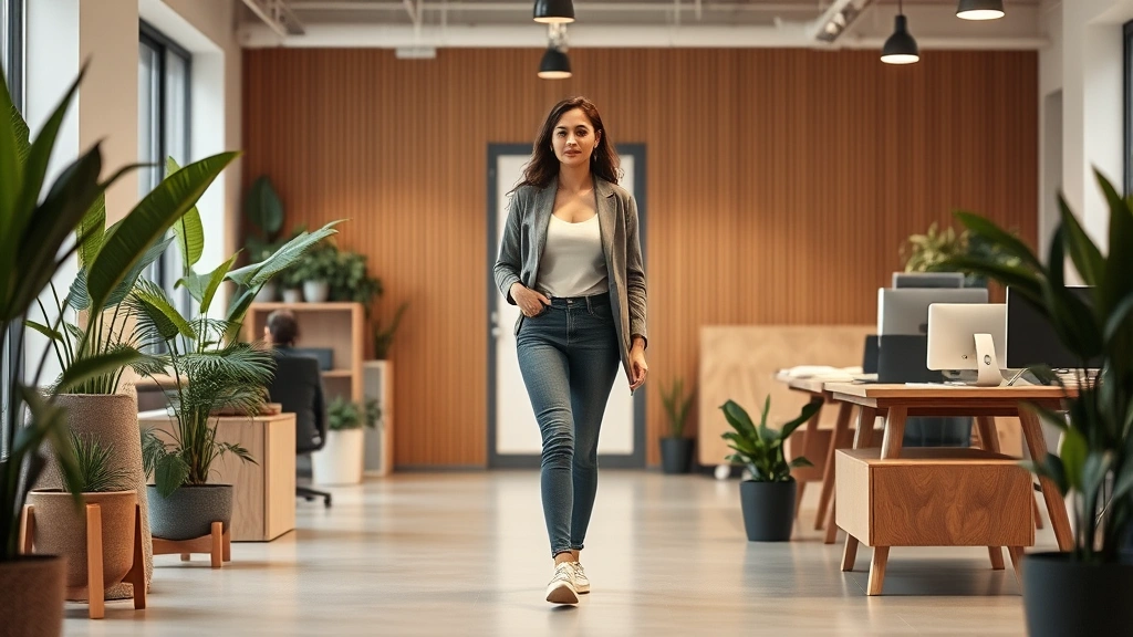 Woman walking alone through modern minimalist office space with plants, natural wooden furniture, soft diffused lighting, calm focused expression, creative workspace environment, contemporary design aesthetic