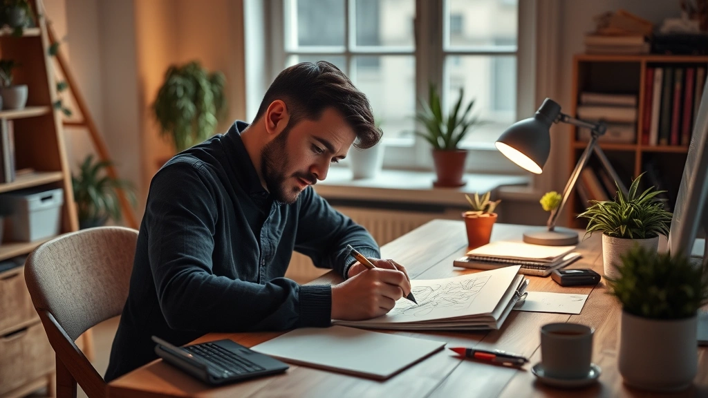 Individual sketching or writing at clean wooden desk with plants, notebook, warm ambient lighting, concentration on face, organized creative workspace, morning creative work session, peaceful focused energy