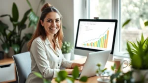A professional woman sitting at a desk with a laptop, surrounded by plants and natural light, smiling confidently while reviewing personal development notes and charts showing upward progress trends on her computer screen