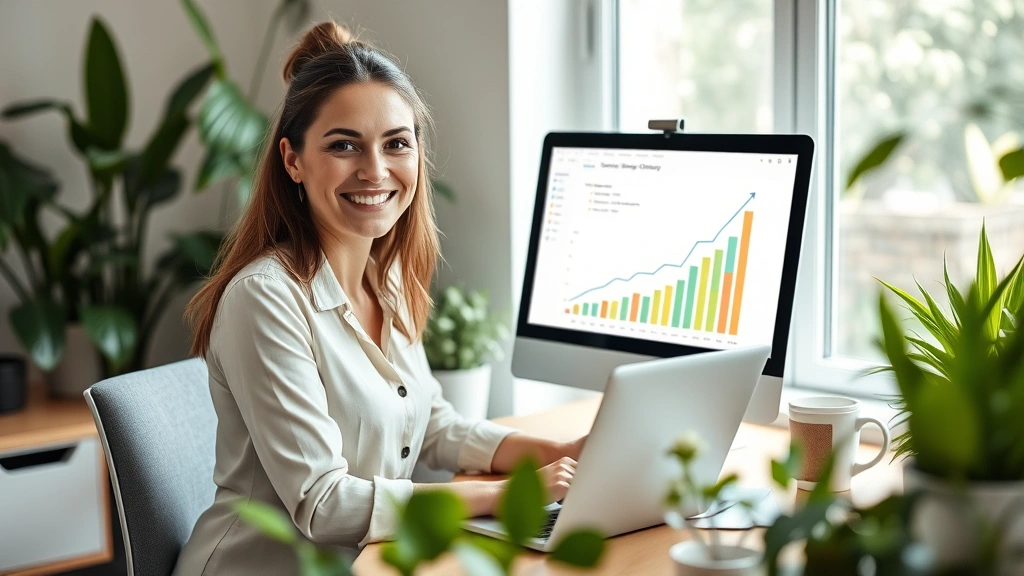 A professional woman sitting at a desk with a laptop, surrounded by plants and natural light, smiling confidently while reviewing personal development notes and charts showing upward progress trends on her computer screen