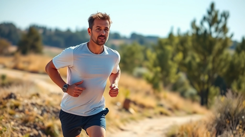 An athlete running outdoors on a sunny morning trail, focused expression, demonstrating physical health investment and vitality, with trees and natural landscape in background