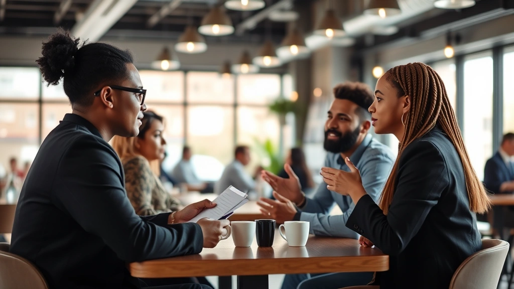 A diverse group of people in a modern coffee shop engaged in meaningful conversation and mentorship, one person taking notes while another gestures thoughtfully, representing relationship and community investment for growth