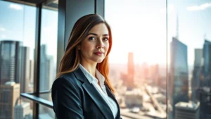 Professional woman in business attire looking confident at a modern office window overlooking city skyline, natural sunlight, determined expression, personal growth moment