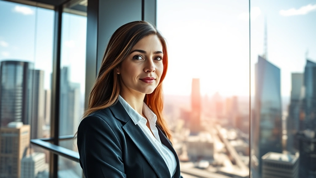 Professional woman in business attire looking confident at a modern office window overlooking city skyline, natural sunlight, determined expression, personal growth moment