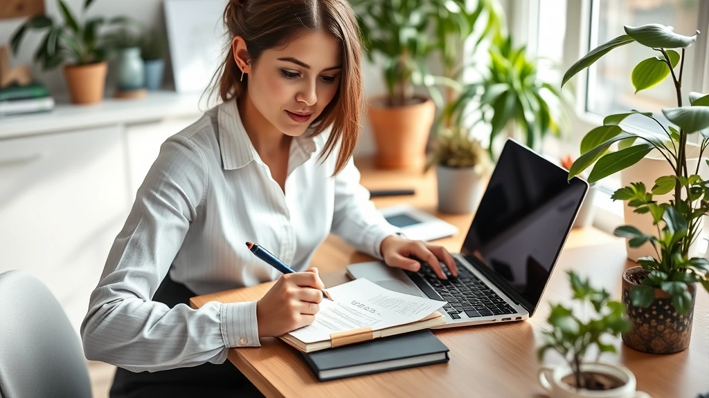 Person at desk with laptop and notepad tracking progress, writing goals, surrounded by plants, natural lighting, focused and motivated, professional development setting