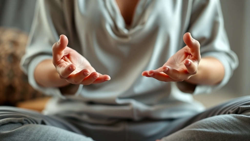 Close-up of hands in meditation mudra position resting on lap, person wearing comfortable clothing, soft diffused lighting, calm peaceful environment, natural textures visible, photorealistic