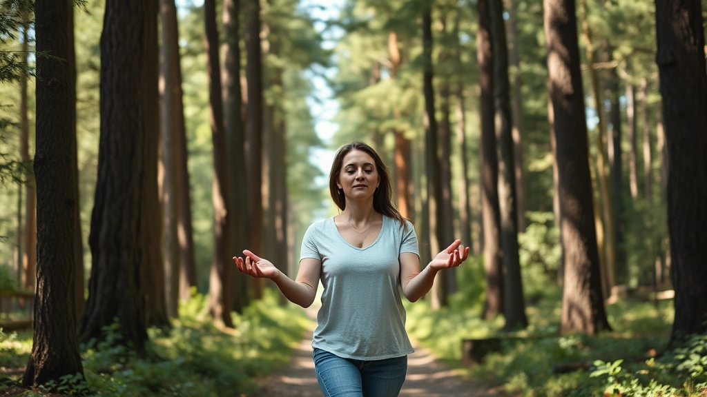 Woman practicing mindful walking on forest path surrounded by tall trees, focused calm expression, dappled sunlight through leaves, natural outdoor setting, serene movement captured, photorealistic