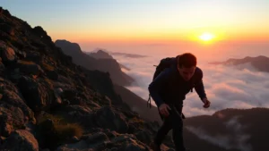 Person climbing a steep mountain trail during sunrise, determined expression, sweat on forehead, misty valley below, symbolizing overcoming challenges through persistent effort and growth mindset