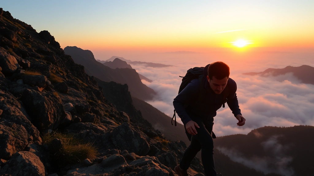 Person climbing a steep mountain trail during sunrise, determined expression, sweat on forehead, misty valley below, symbolizing overcoming challenges through persistent effort and growth mindset