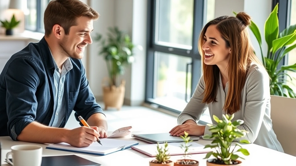 Young professional in modern office taking notes during feedback session with mentor, both smiling, bright natural light, growth plants on desk, representing embrace of feedback and continuous learning