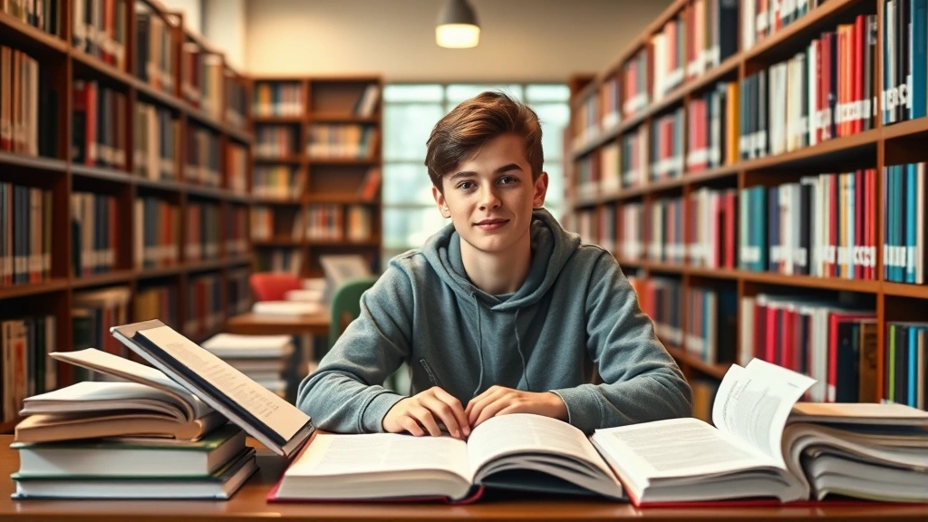 Student in library surrounded by open books and digital devices, focused expression, growth progress chart visible on desk, warm lighting, embodying dedication to skill development and growth orientation