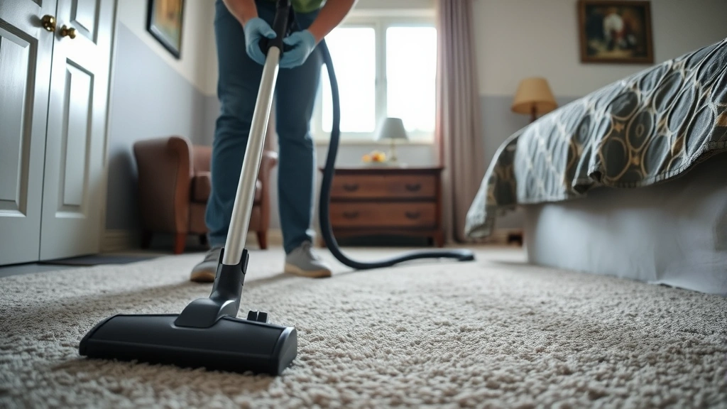 A person wearing protective gloves vacuuming a carpeted bedroom floor thoroughly, demonstrating preventive flea control measures, natural lighting from windows, practical home care scene