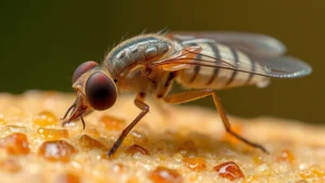 Close-up macro photography of a translucent fly larva on a nutrient-rich surface, glistening with moisture, showing detailed segmentation and movement, natural lighting emphasizing texture and biological complexity, shallow depth of field