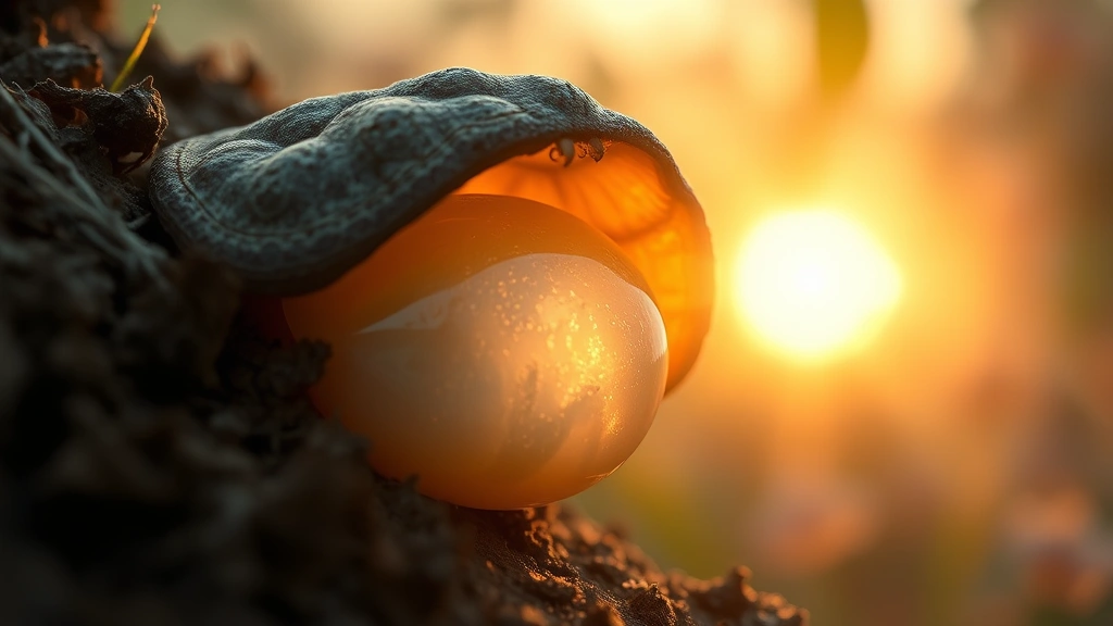 Artistic visualization of a protective pupal case emerging from natural substrate, soft golden-hour sunlight illuminating the translucent membrane, abstract depth of field suggesting hidden transformation within, photorealistic botanical background