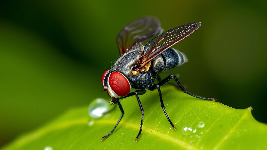 Freshly emerged adult fly with wet, unfurling wings on a plant leaf, morning dew droplets catching light, vibrant compound eye detail visible, representing emergence and completion of transformation cycle, natural environment setting
