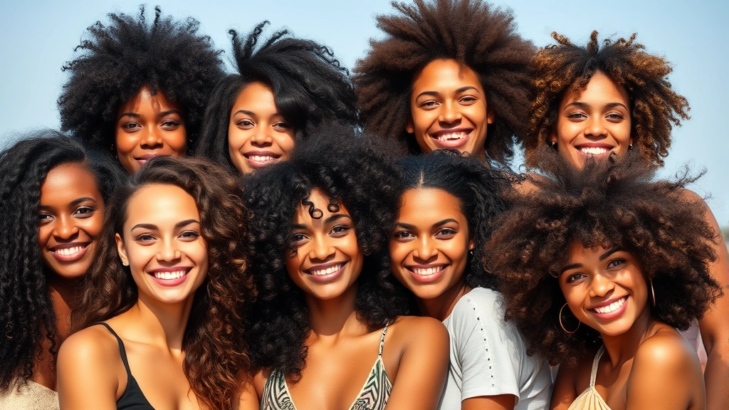 Diverse group of people displaying healthy, thick hair with natural texture and volume, outdoors in natural daylight, expressing confidence and wellness, multiple ethnicities and hair types represented