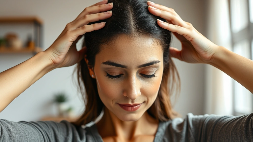 Woman massaging her scalp with focused concentration, hands on temples, peaceful expression, natural indoor lighting showing healthy skin and hair, embodying self-care and wellness routine