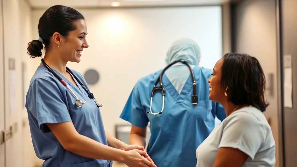 Professional in healthcare uniform confidently assisting a diverse patient, demonstrating empathy and communication skills in a modern clinical setting, warm lighting emphasizing human connection