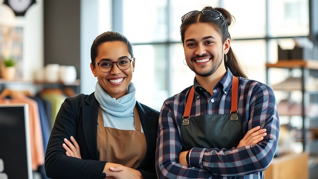 Frontline retail or customer service professional mentoring a younger team member, both smiling with confidence, modern workplace environment showing collaboration and growth