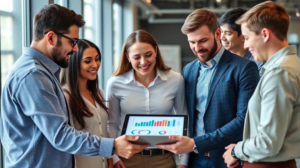 Diverse professional team in huddle circle looking at data dashboard on tablet, focused and engaged, modern office or operational center showing strategic thinking and technology